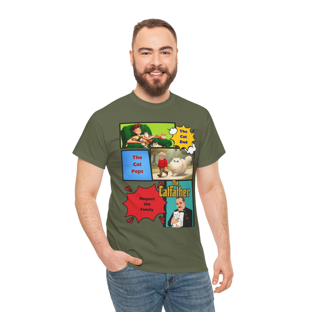 Catfather Graphic Tee — "The Cat Pops" Retro Comic-Style Cat Dad T-Shirt
