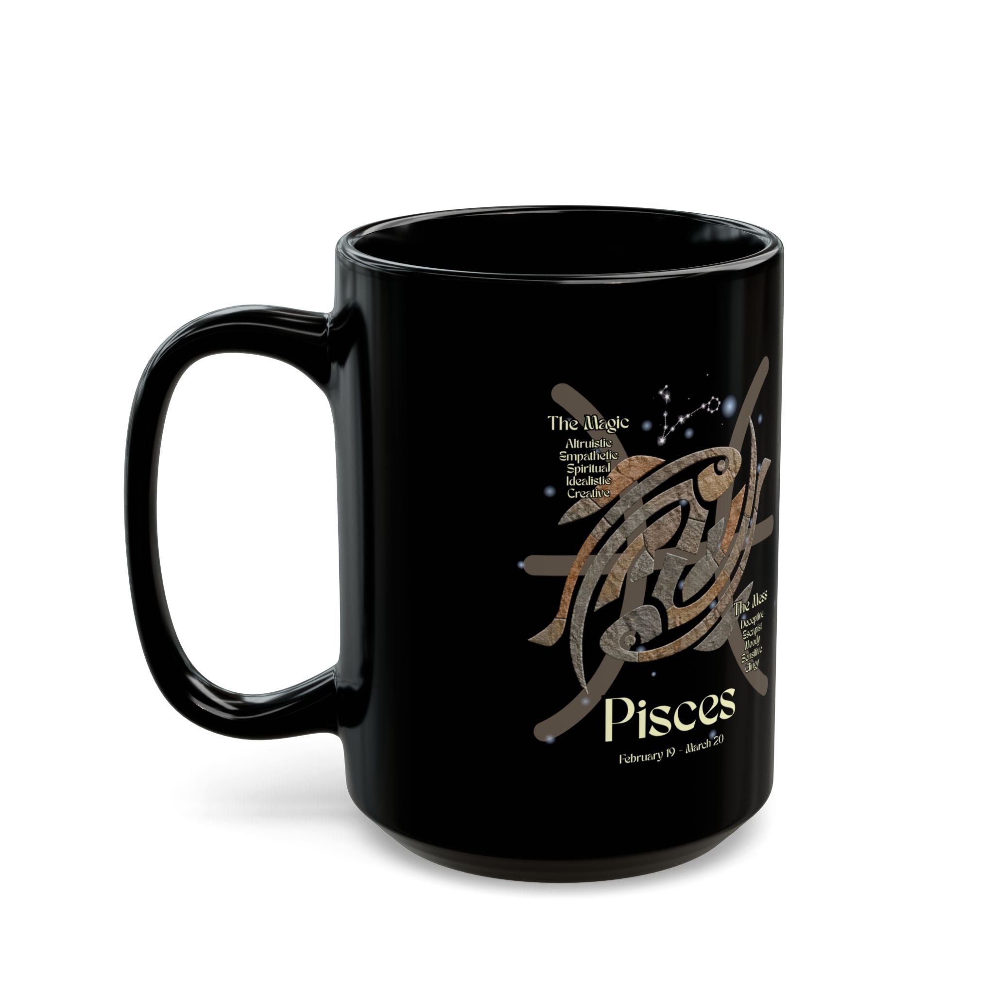 Pisces Black Constellation Mug — Zodiac Society Coffee Cup (15oz)