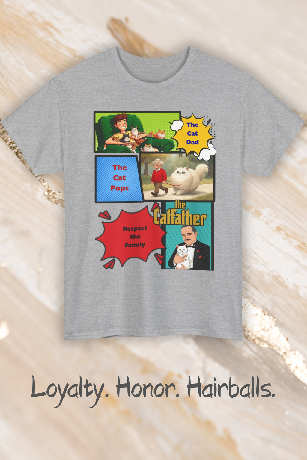 Catfather Graphic Tee — "The Cat Pops" Retro Comic-Style Cat Dad T-Shirt