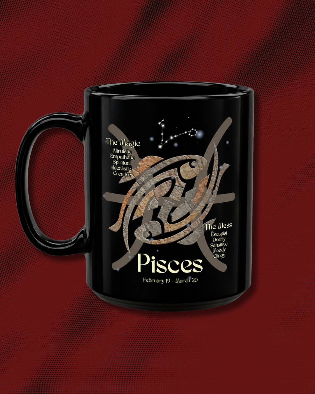 Pisces Black Constellation Mug — Zodiac Society Coffee Cup (15oz)