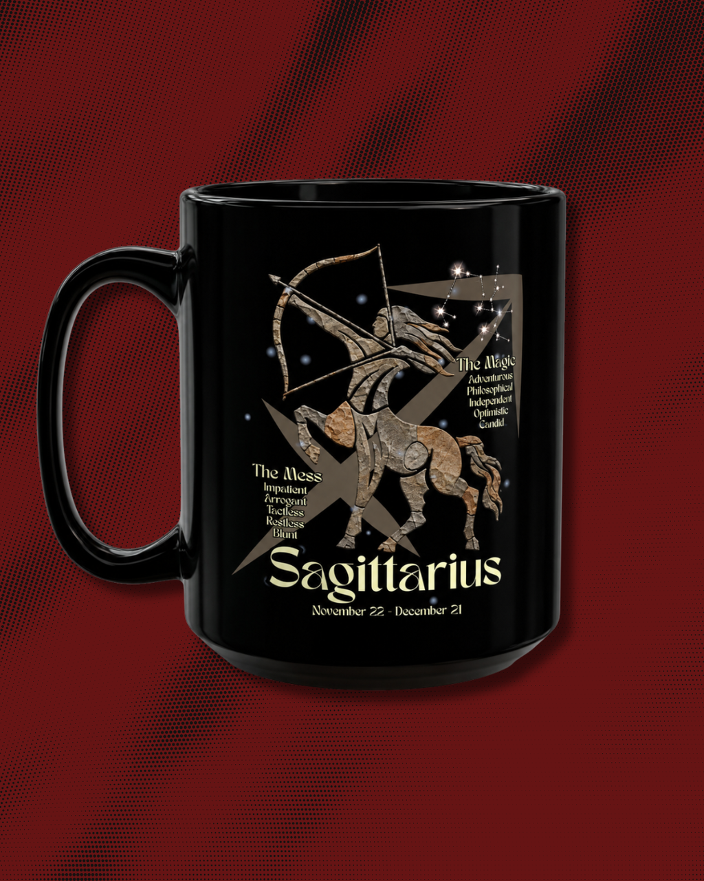 Sagittarius Black Constellation Mug — Zodiac Society Coffee Cup (15oz)